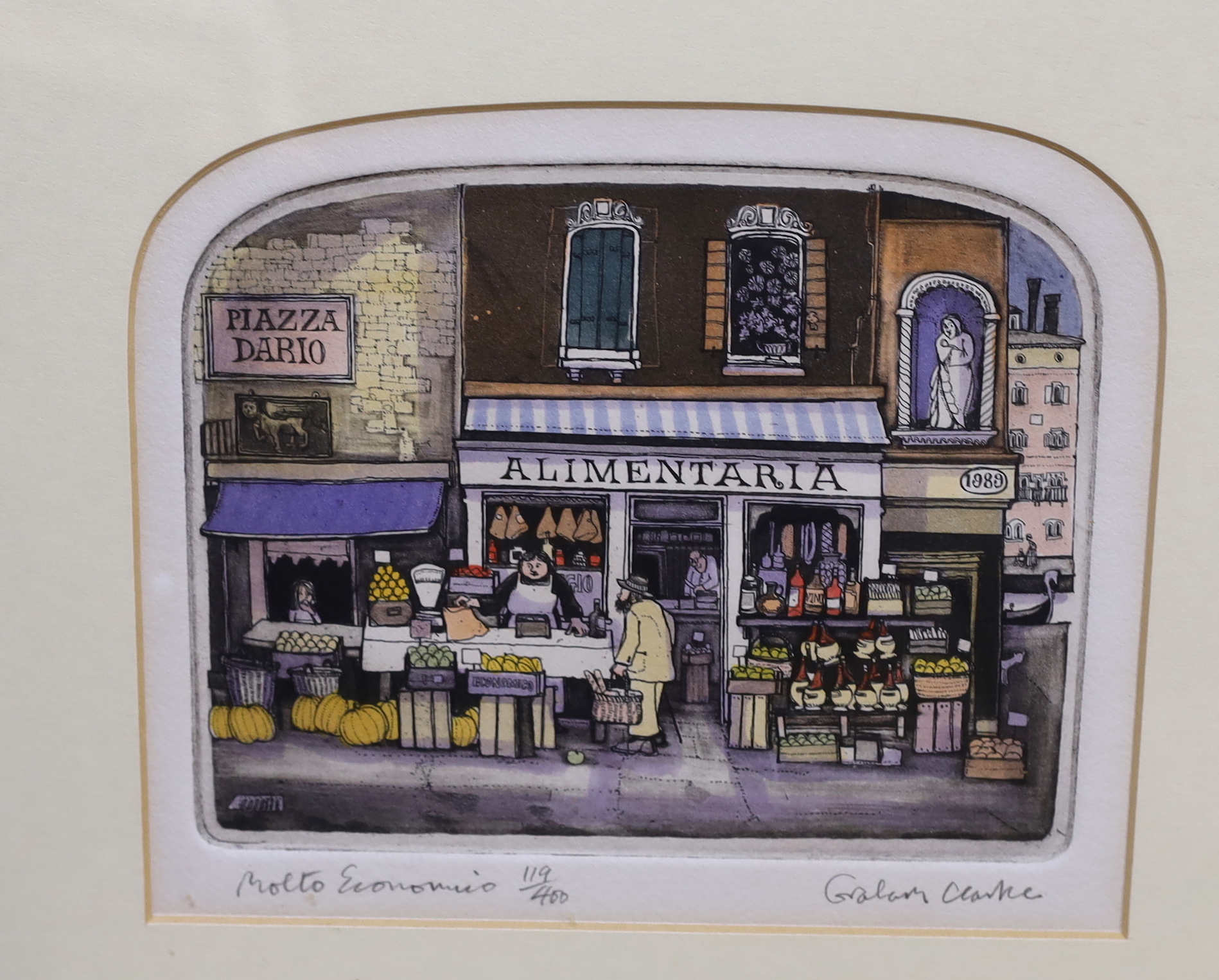 Graham Clarke (b.1941) set of four colour etchings, including 'Trattoria Romantica' and 'Carte Antico' signed in pencil, each limited edition of 400, CCA Gallery, New York labels verso, 19 x 16cm